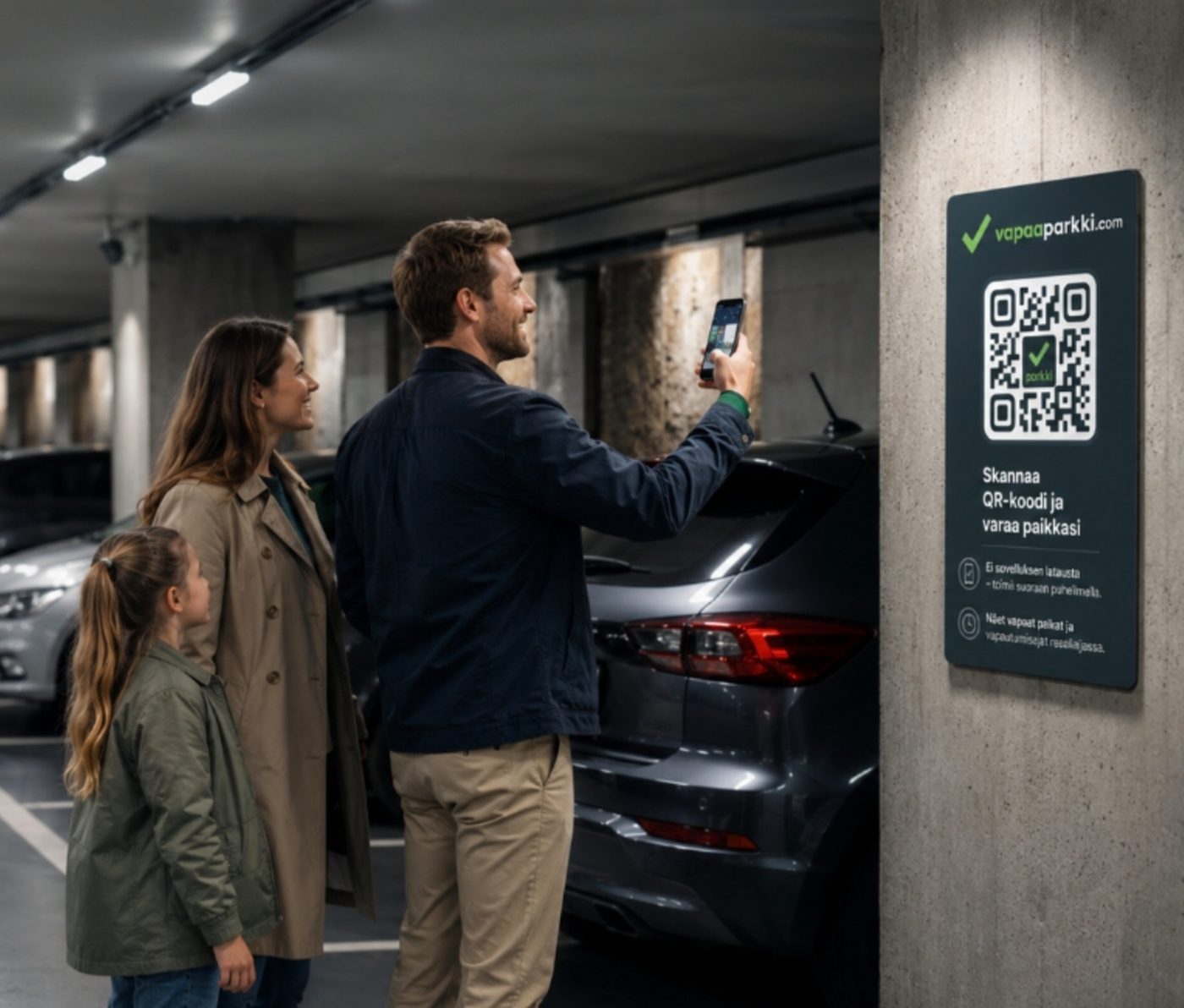 Autoilija skannaa VapaaParkki QR-koodin pysäköintihallissa perheensä kanssa.