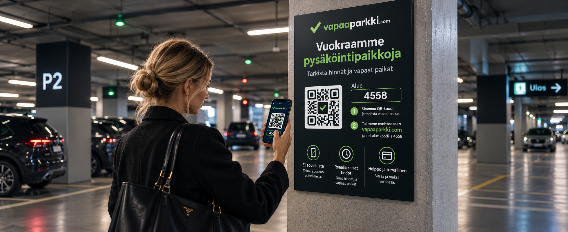 Autoilija skannaa VapaaParkki-opasteen QR-koodin pysäköintihallissa.